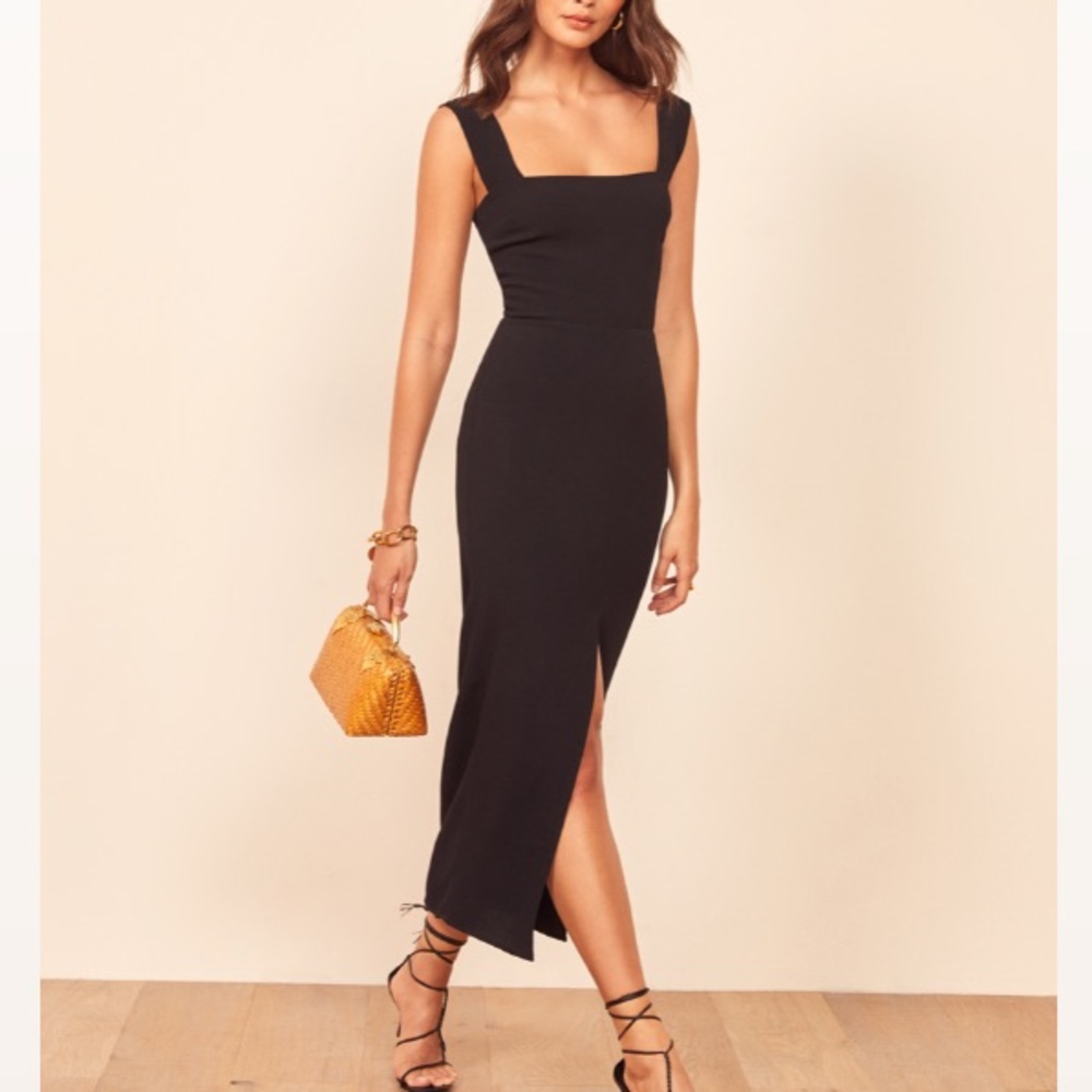 Reformation Black Graciella Front Slit Midi Dress